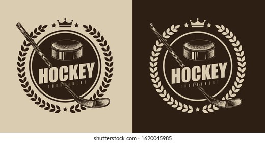 Original vector retro sports emblem. Hockey stick on the background of the puck.