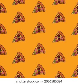 Original vector seamless pattern of a pizza slice on a yellow background. A vintage-style design element.