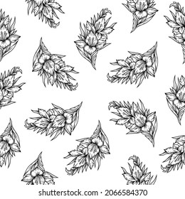 Original vector seamless pattern in vintage style. White flowers with a black outline. A design element.