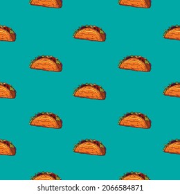 Original vector seamless pattern in vintage style. Juicy tacos with tomatoes and minced meat on a turquoise background.