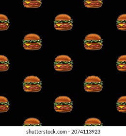 Patrón vectorial original sin fisuras en estilo vintage. Hamburguesa con chuleta, tomates y hierbas en un fondo negro.
