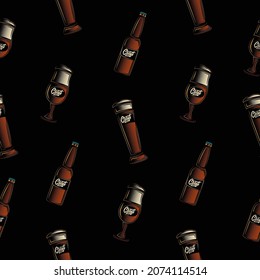 Original vector seamless pattern in vintage style. Beer set on a black background.