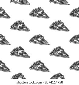 Original vector seamless pattern in vintage style. A monochrome slice of Italian pizza . A design element.