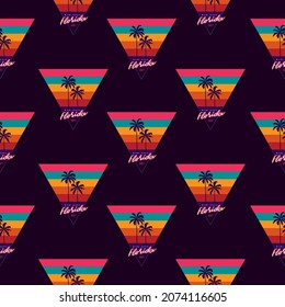 Original vector seamless pattern in vintage style. Original vector retro print of a palm tree on the background of a triangular sunset. A design element.