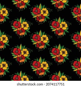 Original vector seamless pattern in vintage style. Background of bouquets of flowers. A design element.
