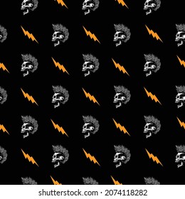 Original vector seamless pattern in vintage style. A skull with an open mouth and a punk rock hairstyle. A design element.