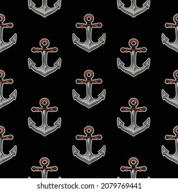 Original vector seamless pattern in vintage style. The anchor of the ship on a black background. A design element.