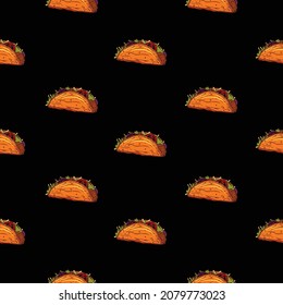 Original vector seamless pattern in vintage style. Juicy tacos with tomatoes and minced meat on a black background.