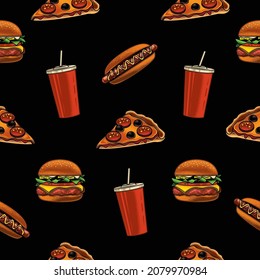 Original vector seamless pattern in vintage style. Vector set of fast food in vintage style on a black background. Burger, pizza, hot dog, glass of soda