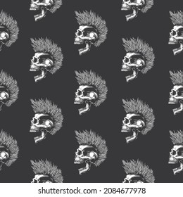 Original vector seamless pattern in vintage style. A monochrome skull with an open mouth and a punk rock hairstyle. A design element.