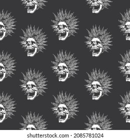 Original vector seamless pattern in vintage style. Monochrome crazy skull with crazy hairstyle, with sparks from the eyes on a black background. A design element.