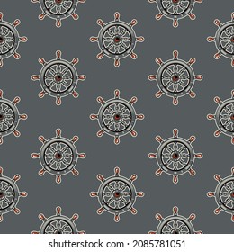 Original vector seamless pattern in vintage style. The steering wheel of the ship on a gray background. A design element.