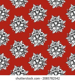 Original vector seamless pattern in vintage style. White flowers with a black outline on a red background. A design element.