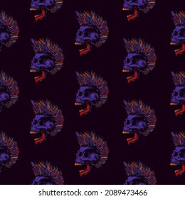 Original vector seamless pattern in vintage style. Abstract vector illustration. A skull with an open mouth and a punk rock hairstyle. A design element.