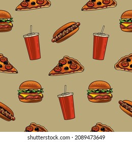 Original vector seamless pattern in vintage style. Vector set of fast food in vintage style. Burger, pizza, hot dog, glass of soda