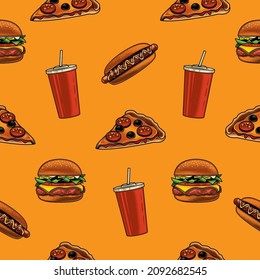 Original vector seamless pattern in vintage style. Vector set of fast food in vintage style on a yellow background. Burger, pizza, hot dog, glass of soda