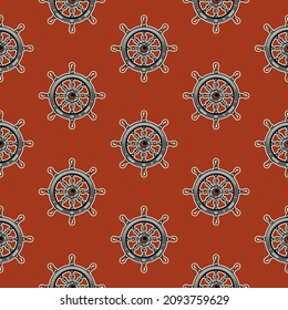 Original vector seamless pattern in vintage style. The steering wheel of the ship on a red background. A design element.
