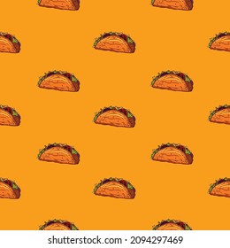 Original vector seamless pattern in vintage style. Juicy tacos with tomatoes and minced meat on a yellow background.