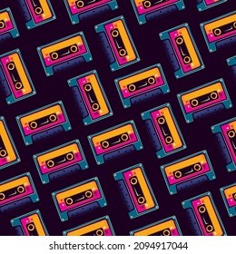 Original vector seamless pattern in vintage style. An icon of an old retro audio cassette. T-shirt design.