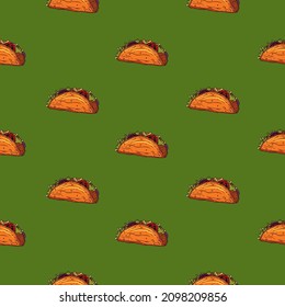 Original vector seamless pattern in vintage style. Juicy tacos with tomatoes and minced meat on a green background.