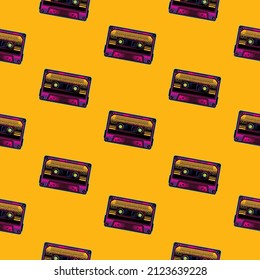 Original vector seamless pattern in vintage style. Vintage music cassette with magnetic film in neon style on a yellow background.