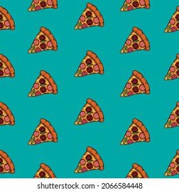 Original vector seamless pizza slice pattern on turquoise background. A vintage-style design element.
