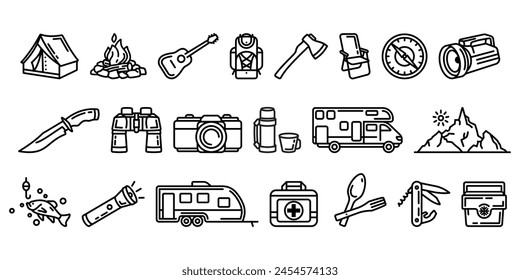 An original vector set of icons on the theme of outdoor recreation and travel. Hand drawn, not AI