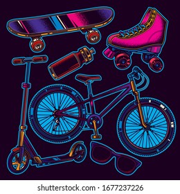 Original vector set in neon style. Bicycle, scooter, skateboard, roller skates.