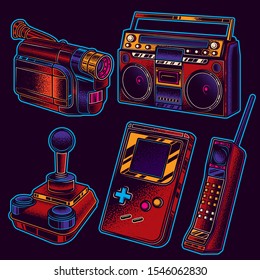 Original vector set of neon vintage retro illustrations of 80s and 90s.