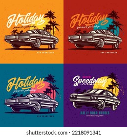 Original vector set of prints in retro style. Design elements. Vintage car on the background of palm trees and sunset.