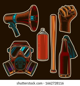 Original vector set in retro style. Items for protest, revolution, and rallies