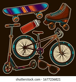 Original vector set in vintage style. Bicycle, scooter, skateboard, roller skates.
