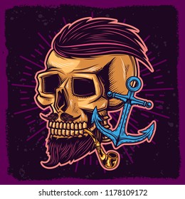 Original vector skull with anchor in neon colors, and fashionable hairstyle. Print on a t-shirt or sticker.