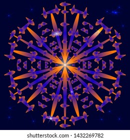 Original vector snowflake of purple and golden color against a dark blue sky with stars. To create a background, texture, festive design.