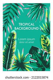 Original vector template with hand drawn neon jungle palm leaves and branches. Summer nature background.