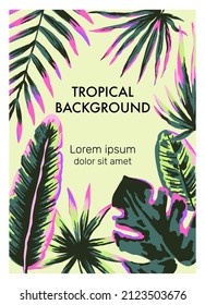 Original vector template with hand drawn neon jungle palm leaves and branches. Summer nature background.