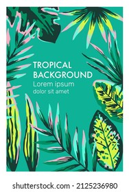 Original vector template with hand drawn neon jungle palm leaves and branches. Summer nature background.