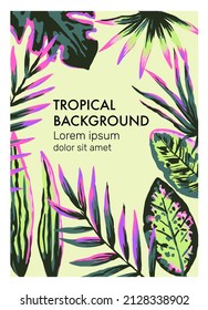 Original vector template with hand drawn neon jungle palm leaves and branches. Summer nature background.