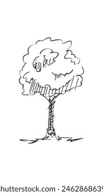 Árbol de Vector original dibujado a mano arte de línea, estilo de tinta, diseño de concepto. silueta aislada sobre fondo blanco. Dibujo de la torre. Icono blanco y negro.