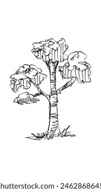 Original vector tree hand-drawn line art, ink style, concept design. isolated silhouette on white background. black outline sketch illustration. Cower drawing. Black-white icon.