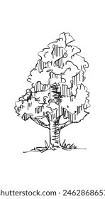 Árbol de Vector original dibujado a mano arte de línea, estilo de tinta, diseño de concepto. silueta aislada sobre fondo blanco. Dibujo de la torre. Icono blanco y negro.