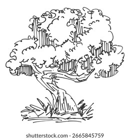 Original vector tree hand-drawn line art, ink style, concept design. isolated silhouette on white background. black outline sketch illustration. Cower drawing. Black-white icon.