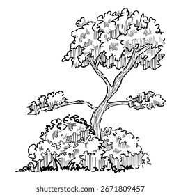 Árbol de Vector original dibujado a mano arte de línea, estilo de tinta, diseño conceptual. silueta aislada sobre fondo blanco. ilustración de boceto de contorno negro. Dibujo de la flor. Icono blanco-negro.