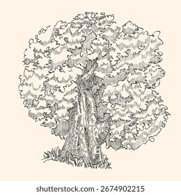 Vetor original árvore desenhado à mão arte da linha, estilo de tinta, design do conceito. silhueta isolada no fundo branco. ilustração esboço preto. Desenho de coruja. Ícone preto-branco.