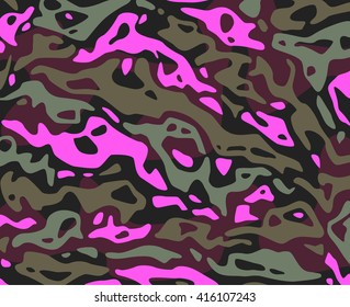 Original vector unrealistic camouflage pattern background editable pattern large size. Girl kids glamour fashion camouflage pattern fluorescent pink purple violet