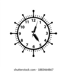 Original vector unusual clock in the form of a coronavirus with syringe arrows and a vaccine. Illustration about rescuing from a pandemic.