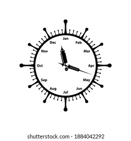 Original vector unusual clock in the form of a coronavirus with syringe arrows and a vaccine. Illustration about rescuing from a pandemic.