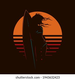 Original vector vintage illustration. A girl with a surfboard on the background of the sunset. T-shirt Design