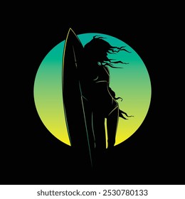 Original vector vintage illustration. A girl with a surfboard on the background of the sunset. T-shirt Design. Hand drawn, not AI