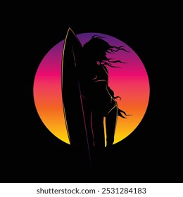 Original vector vintage illustration. A girl with a surfboard on the background of the sunset. T-shirt Design. Hand drawn, not AI